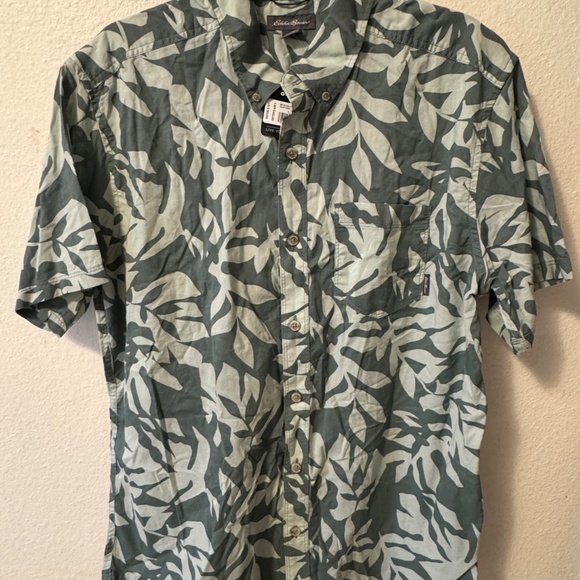 Men polo shirt green leaves design brand Eddie Bauer size large button down - Picture 5 of 5